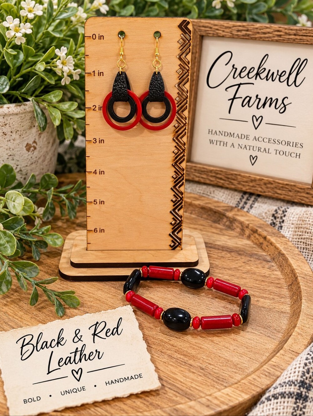Black & Red Leather Drop Earrings - Stylish Hoop Accent With Matching Bracelet